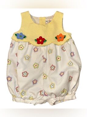 Vtg Bt Kids Baby Togs Girl Romper 24M Spring Floral Yellow Seersucker Multicolor
